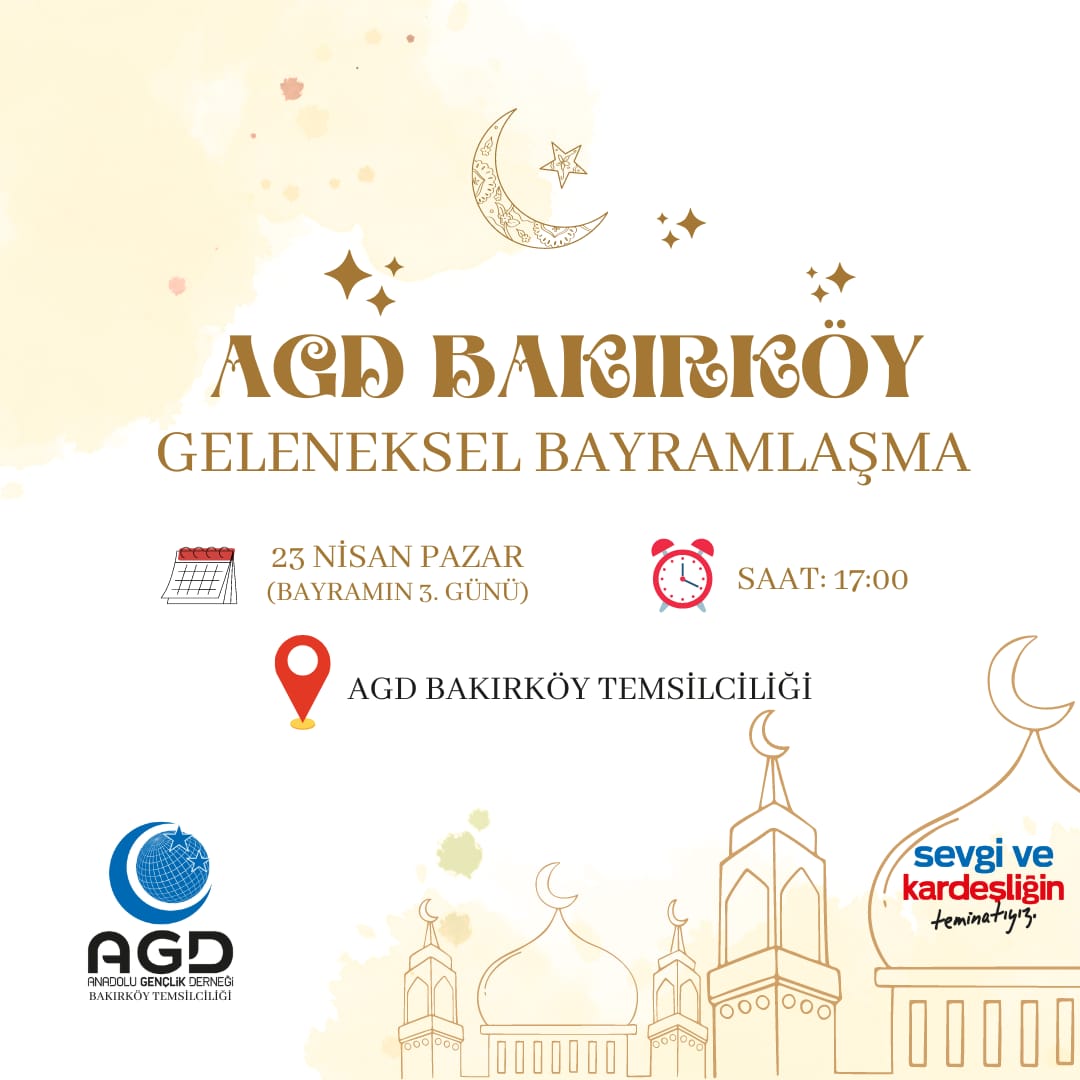 agdbakirkoy_'s tweet photo. Geleneksel bayramlaşmamızı bayramın 3. Günü ilçe merkezimizde saat 17:00'da gerçekleştireceğiz. Siz değerli dostlarımızı da bekliyoruz. https://t.co/A7ngUWXyOo