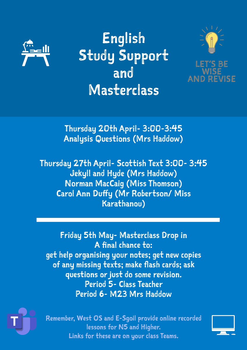 Craigie English Department (@craigieengdept) on Twitter photo Less than three weeks until the National 5 and Higher English Exams. Make sure you come along to our final study support sessions <a href="/Craigie_High/">Craigie High School</a>. More information on Teams! Less than three weeks until the National 5 and Higher English Exams. Make sure you come along to our final study support sessions <a href="/Craigie_High/">Craigie High School</a>. More information on Teams!