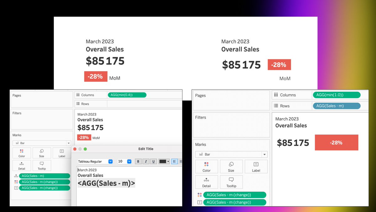#22- BANs in Titles and Rows
Use your titles and rows to create BANs next to a visual (change, sparkine, ...). For titles, drop the metric in details, then use it in your title. For rows, drop the metric in rows, change it to discrete, then format it.
#BigLittleTips #Tableau