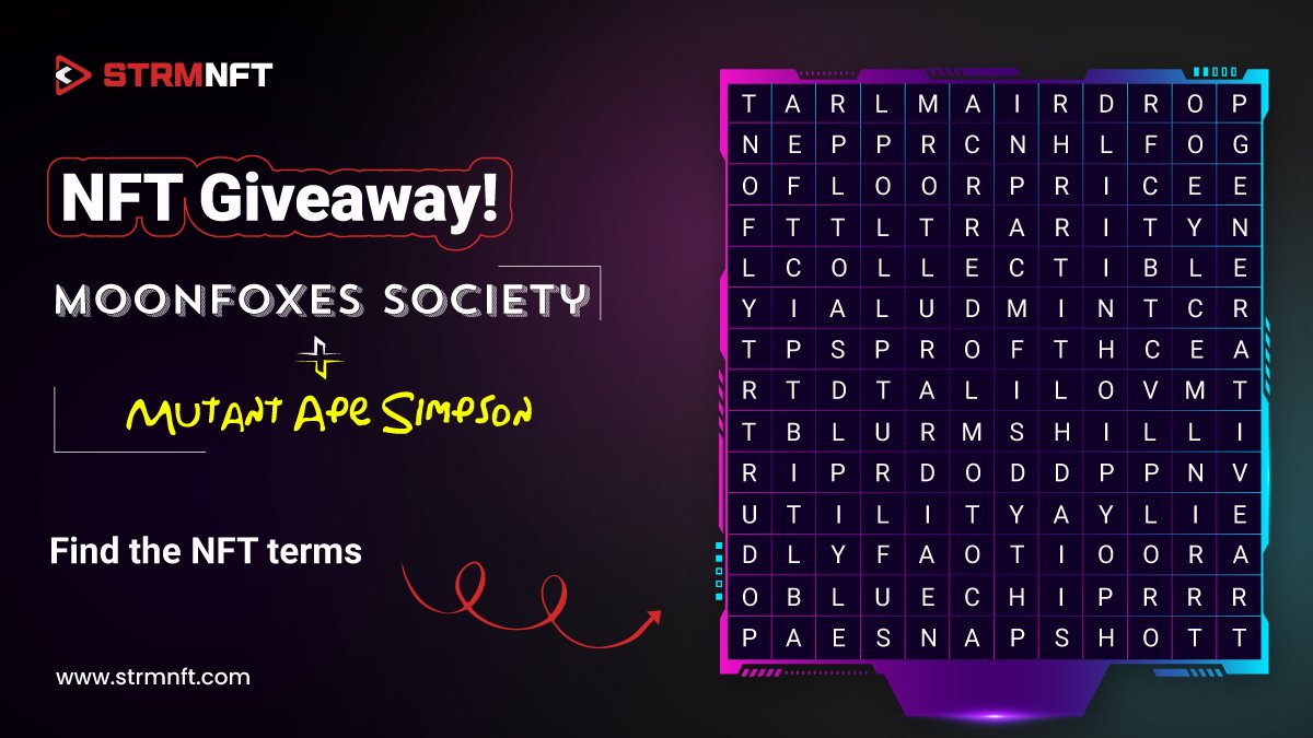 AngryMonkyNFT's tweet image. 📷 Get ready for another fun and exciting word game! 

📷 We&apos;re giving away some random #NFT from the #MoonfoxesSociety and #MutantApeSimpson to the winners of our word game challenge. 

Stay focused and comment with your answers, and you can win some cool NFTs on #STRMNFT!…