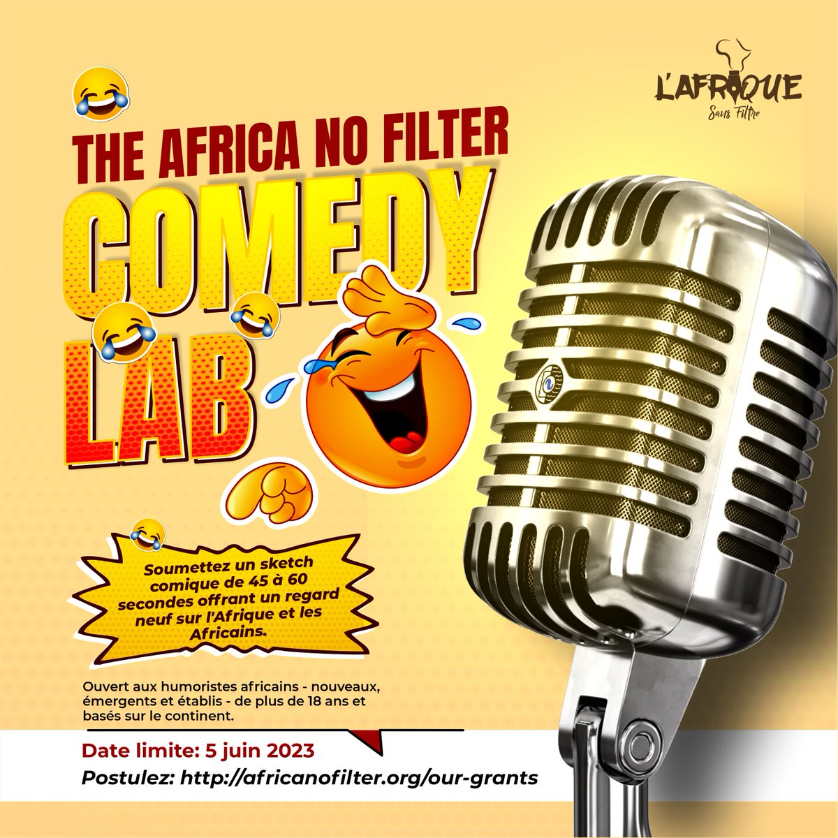 africanofilter's tweet photo. Chers humoristes africains. Saisissez votre chance de rejoindre #ANFComedyLab en nous faisant rire. Vous bĂ©nĂ©ficierez dâun financement pour de nouvelles crĂ©ations et dâun accompagnement sous forme de mentorat et de marketing. https://t.co/hyPYTqNqFa https://t.co/iXpqzCOYau