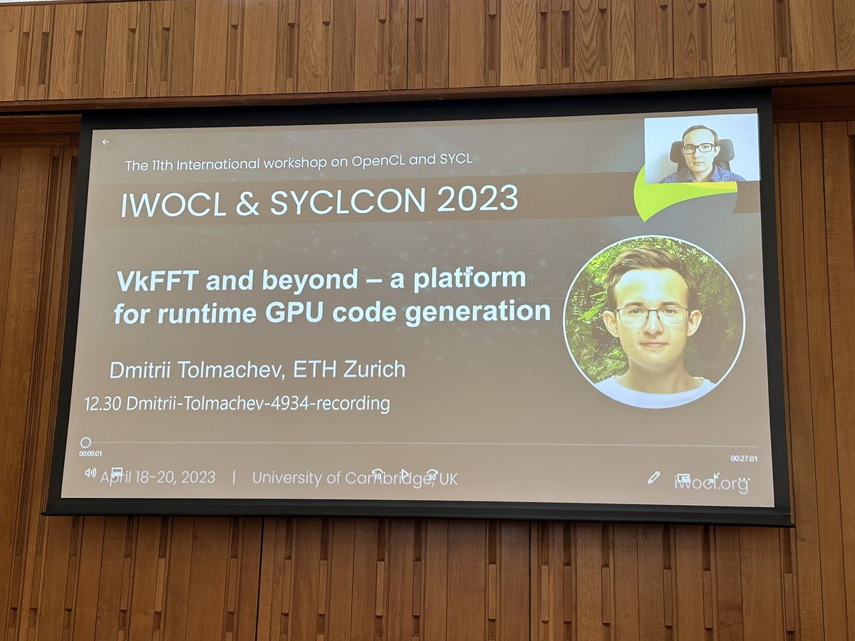 simonmcs's tweet image. In our final talk before lunch, Dmitrii Tolmachev from ETH Zurich is presenting VkFFT and beyond – a platform for runtime GPU code generation @IWOCL #SYCL #OpenCL #Vulkan