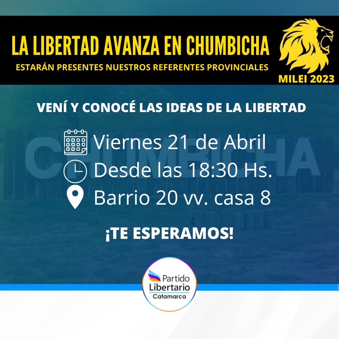 PL_Catamarca_'s tweet photo. Atención #Chumbicha #Capayan estaremos compartiendo una linda tarde/noche libertaria, acercate a conocer las ideas de la libertad con nuestros referentes ¡Te esperamos!
#LaLibertadAvanza en #Catamarca con el #PLCatamarca.
#Milei2023 #Argentina🇦🇷 #MileiPresidente https://t.co/mPZQLPrmKg