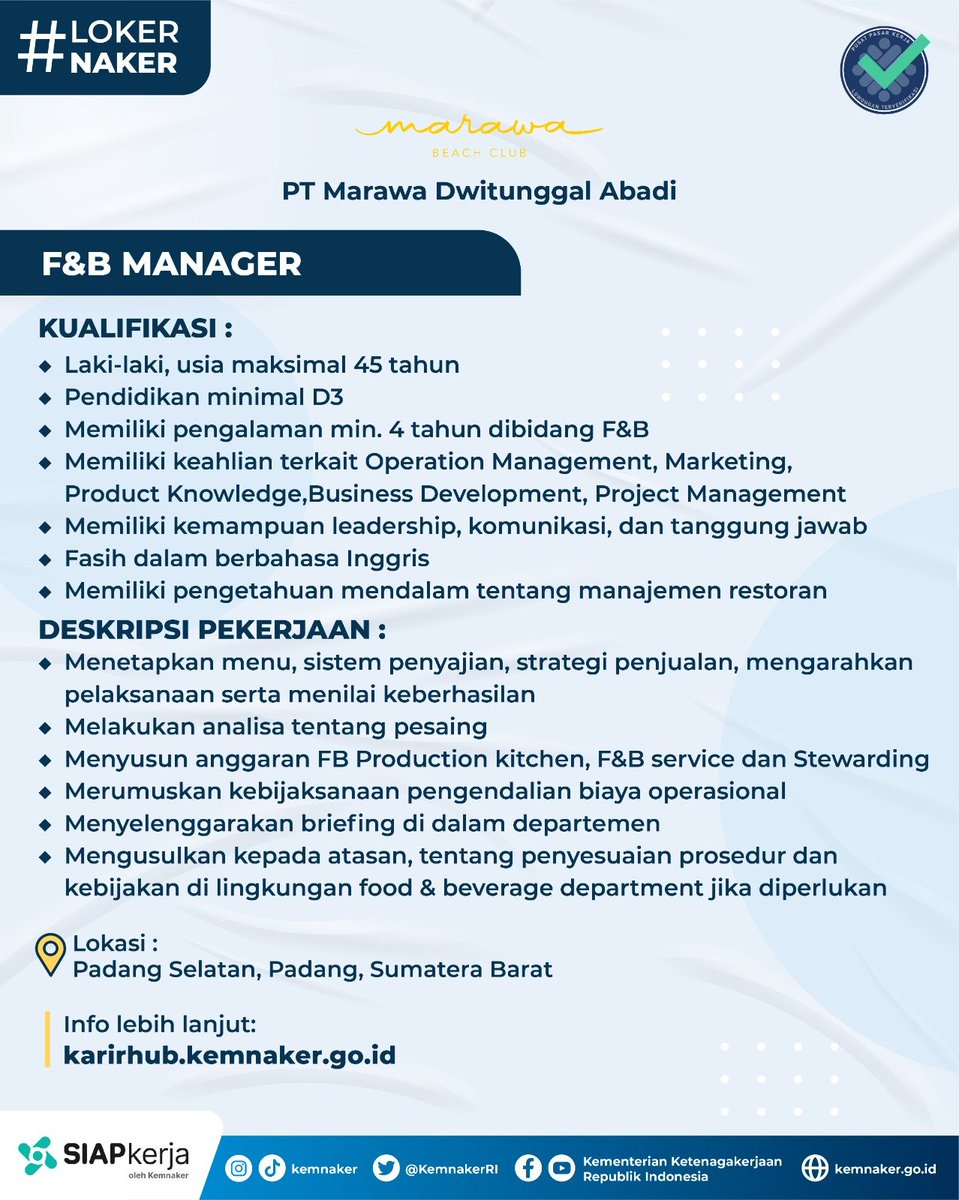 Punya pengalaman di bidang F&amp;B? Yuk apply #LokerNaker dari PT Marawa Dwitunggal Abadi 😊