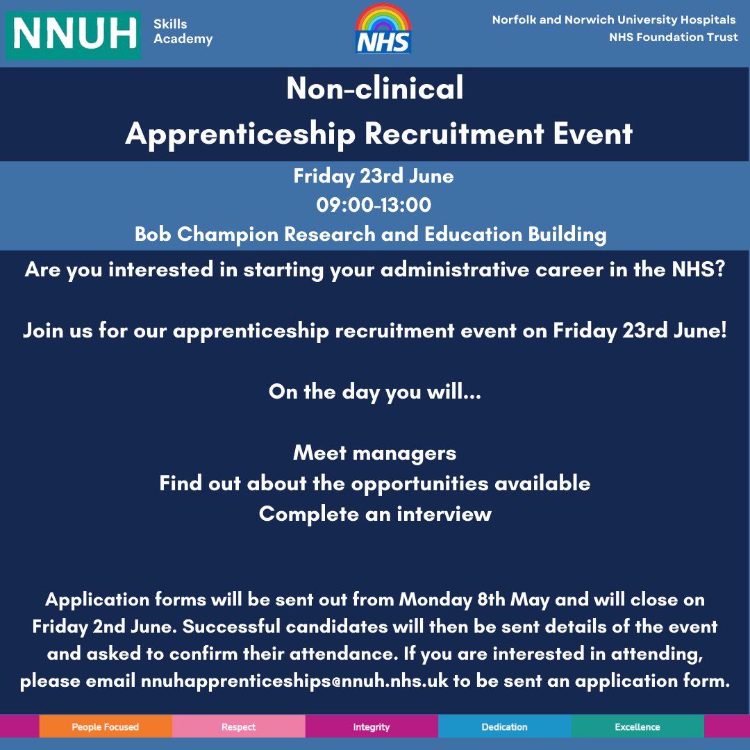 ✨NON-CLINICAL APPRENTICESHIP RECRUITMENT EVENT✨

We will be running a recruitment event on 23rd June specifically aimed at non-clinical apprenticeship roles!

Perfect for anyone looking to start an admin career in the 
<a href="/NNUH/">Norfolk and Norwich University Hospitals</a>
 !

Please see below for more details