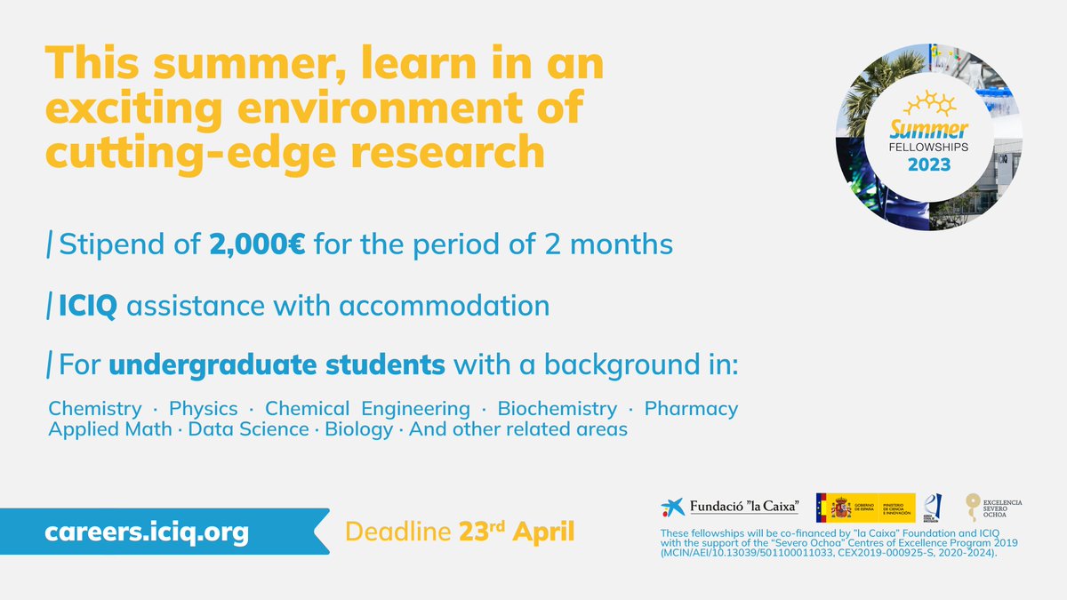 ICIQ (@iciqchem) on Twitter photo #ICIQJobs
🔊There is time enough to apply to ICIQ Summer Fellowship Programme for Undergraduate Students
📅 Deadline April 23
Check it out now ➡️ careers.iciq.org/jobs/2557776-i…
#SOMMaJobs <a href="/RSEQUIMICA/">RSEQ</a> <a href="/_BIST/">BIST-Barcelona Institute of Science and Technology</a> <a href="/iCERCA/">Centres CERCA</a> <a href="/YEuCat/">YEuCat</a> <a href="/EuraxessCat/">Euraxess Catalonia</a> #ICIQJobs
🔊There is time enough to apply to ICIQ Summer Fellowship Programme for Undergraduate Students
📅 Deadline April 23
Check it out now ➡️ careers.iciq.org/jobs/2557776-i…
#SOMMaJobs <a href="/RSEQUIMICA/">RSEQ</a> <a href="/_BIST/">BIST-Barcelona Institute of Science and Technology</a> <a href="/iCERCA/">Centres CERCA</a> <a href="/YEuCat/">YEuCat</a> <a href="/EuraxessCat/">Euraxess Catalonia</a>
