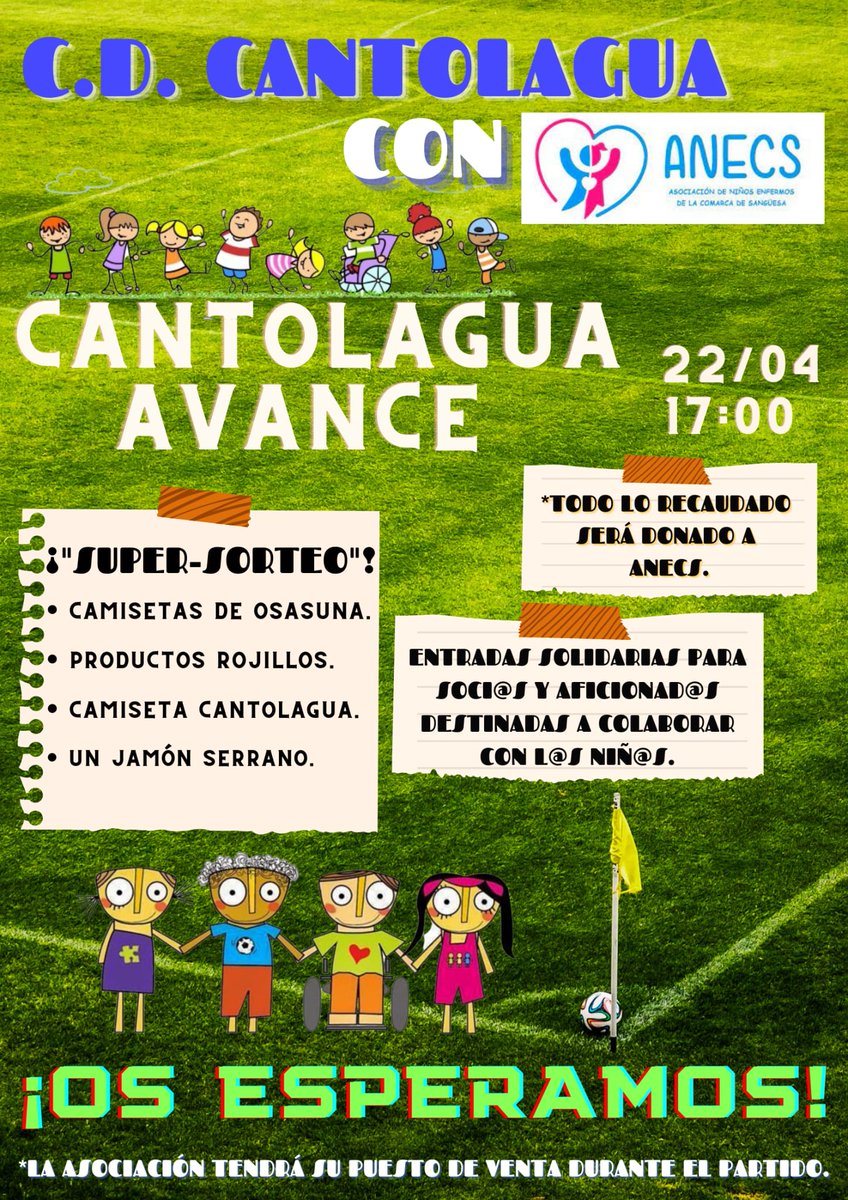 Este sábado ven al MUNICIPAL. Último partido del 3RFEF. 
TODO CON ANECS
Habrá sorteo de una camiseta firmada por toda la plantilla del Cantolagua
Camiseta de Osasuna
Productos rojillos
Un jamón.
TODA LA RECAUDACIÓN será INTEGRA para ANECS
Os esperamos. 
Sábado 22 Abril 17H