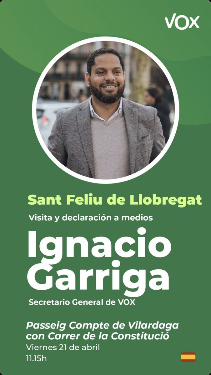 Mañana @Igarrigavaz visitará a los vecinos de #SantFeliuDeLlobregat 

📅 Viernes 21 de abril
🕚11:15h
📍 Vilardaga con Constitució

#VOX
#España
#Barcelona
#CuidaLoTuyo
