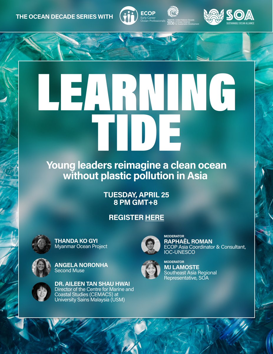 Early Career Ocean Professionals (@oceandecadeecop) on Twitter photo π£ SAVE THE DATE!
πJoin the ECOP Programme and <a href="/SOAlliance/">Sustainable Ocean Alliance (SOA)</a> for a joint webinar: "Learning Tide: Young leaders reimagine a clean ocean without plastic pollution in Asia"
π Tuesday 25 April 2023
β° 8PM GMT+
πOnline
π Register here: tinyurl.com/bde787xz
<a href="/UNOceanDecade/">UN Ocean Decade</a> π£ SAVE THE DATE!
πJoin the ECOP Programme and <a href="/SOAlliance/">Sustainable Ocean Alliance (SOA)</a> for a joint webinar: "Learning Tide: Young leaders reimagine a clean ocean without plastic pollution in Asia"
π Tuesday 25 April 2023
β° 8PM GMT+
πOnline
π Register here: tinyurl.com/bde787xz
<a href="/UNOceanDecade/">UN Ocean Decade</a>