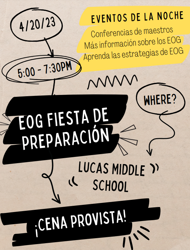 Reminder that the EOG Prep Party is tonight, 4-20-2023, at Lucas Middle School! Dinner will be served at 5:00 followed by learning about EOG prep strategies, and meeting with teachers. #Lucas_Middle #ROAR