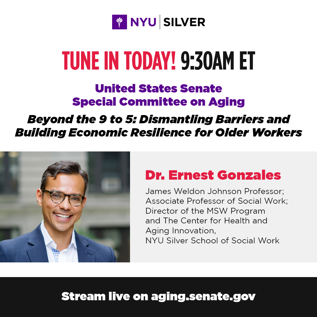 NYUSilver's tweet photo. HAPPENING TODAY: Prof & @CHAIatNYU Dir @ernestgeg gives invited testimony at the U.S. Senate Special Cmte on Aging hearing on dismantling barriers for older workers & building their economic resilience. Stream the hearing live starting at 9:30 am ET at https://t.co/0zb9Tnb3HJ https://t.co/1QXhluP4Qx