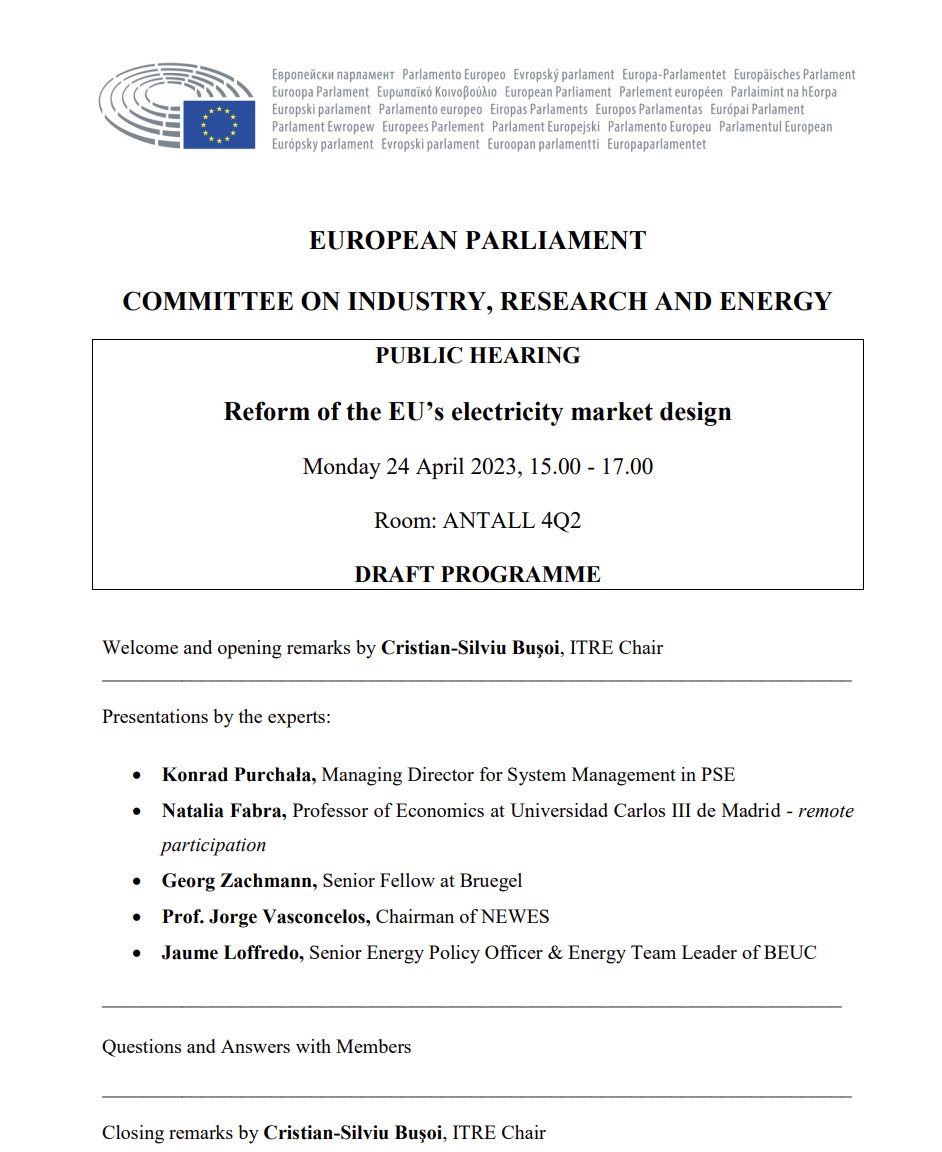GeorgZachmann's tweet photo. The ITRE committee will hold a public expert hearing on the 
Reforms of the EU's #electricity #market_design 
next Monday.

@CristianSBusoi, @KPurchala, @NataliaFabra, @jaumeloffredo https://t.co/8tuSVhyBg2