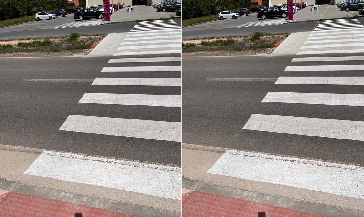 vaesc's tweet photo. @ArchivoVAR @_naxotellado Para los que trazan líneas alegremente sobre el campo para calcular el punto de fuga, un par de fotos explicativas (seguro que @_naxotellado lo entiende bien - los rectángulos del paso de peatones están perfectamente alineados... muy cerquita del Toralín, por cierto): https://t.co/LReeP5jnc9