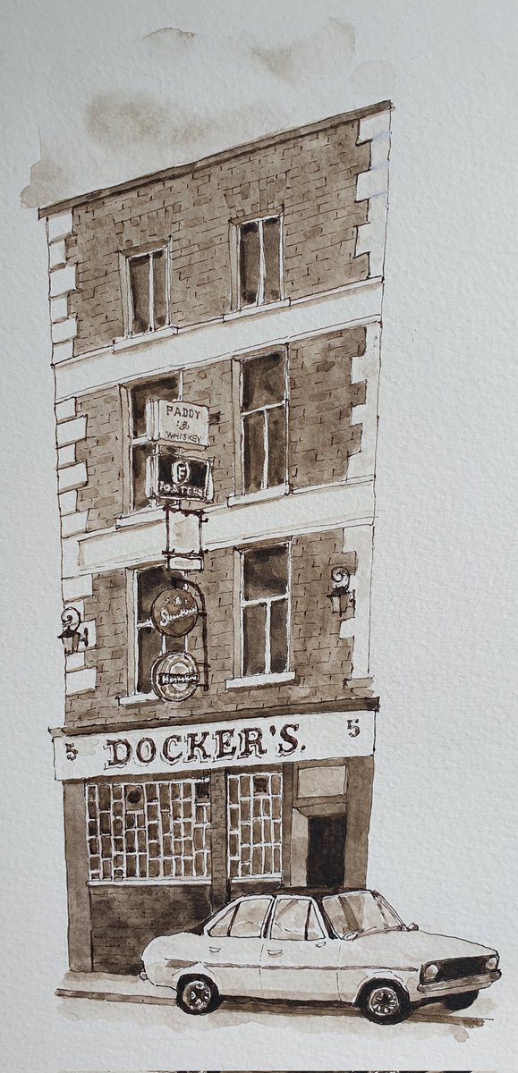 allthepubsin's tweet photo. The old Dockers, inspired by a photo that my partner took in the 90s. Went for a nostalgic sepia tone (and left in the car - think a Ford Escort mk2?) #Dublinpubs #Dublinbypub #Watercolour https://t.co/QZwJCGVEku
