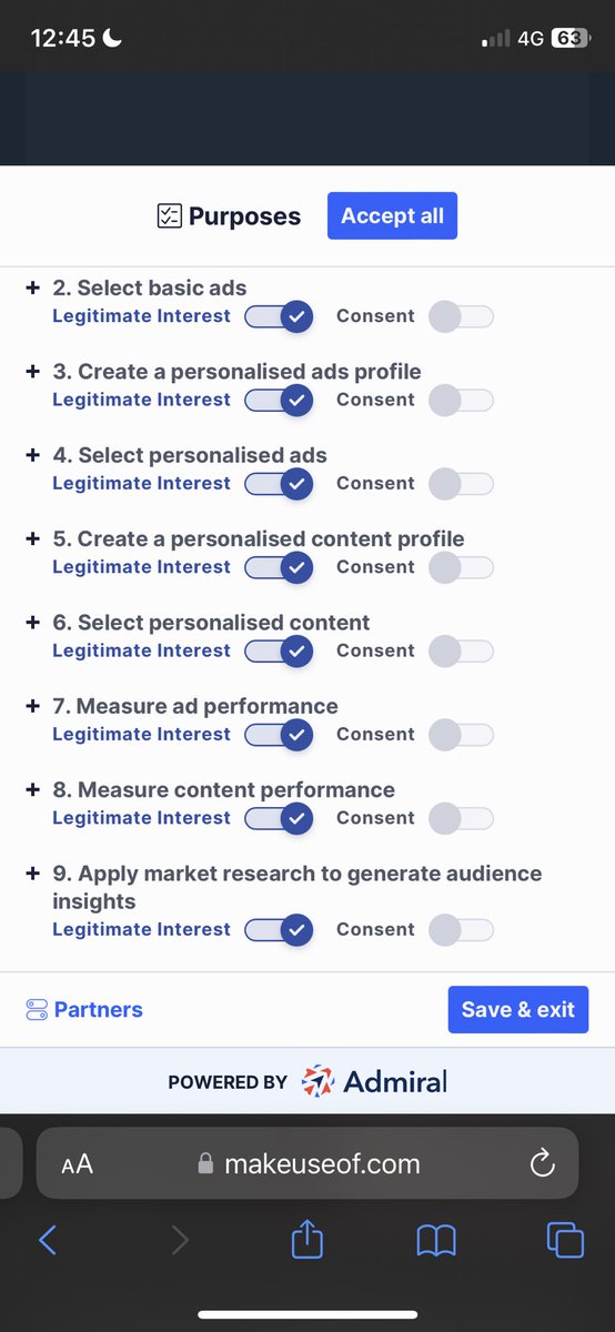 b2xsaQ's tweet photo. Surely this kind of prompt has to be illegal with the ridiculous amount of options. You can refuse based on purposes (all 12 of them individually) but it seems this is just deliberately made annoying and confusing. There becomes a point where it's not informative. @ICOnews https://t.co/TcwfbJUntC