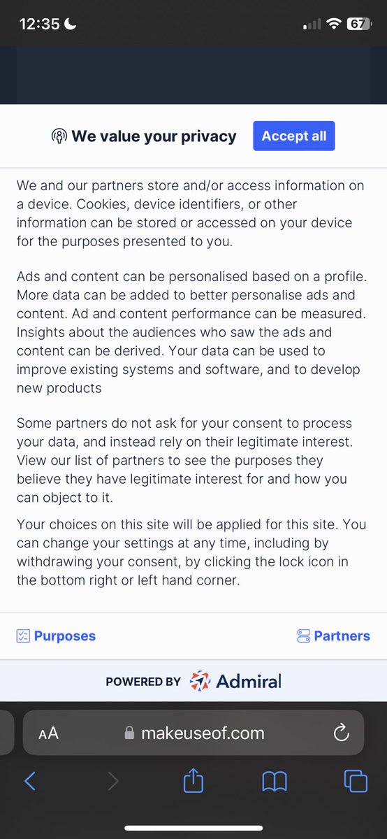 b2xsaQ's tweet photo. Surely this kind of prompt has to be illegal with the ridiculous amount of options. You can refuse based on purposes (all 12 of them individually) but it seems this is just deliberately made annoying and confusing. There becomes a point where it's not informative. @ICOnews https://t.co/TcwfbJUntC