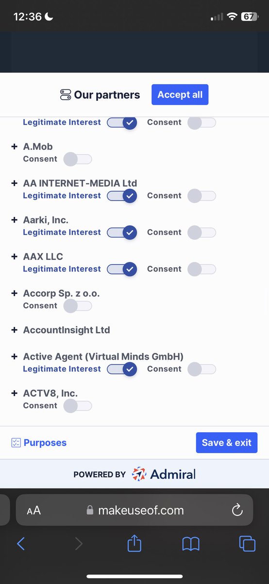 b2xsaQ's tweet photo. Surely this kind of prompt has to be illegal with the ridiculous amount of options. You can refuse based on purposes (all 12 of them individually) but it seems this is just deliberately made annoying and confusing. There becomes a point where it's not informative. @ICOnews https://t.co/TcwfbJUntC