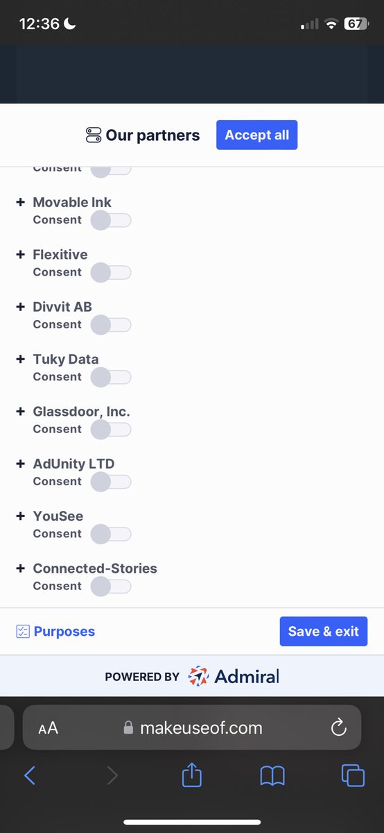 b2xsaQ's tweet photo. Surely this kind of prompt has to be illegal with the ridiculous amount of options. You can refuse based on purposes (all 12 of them individually) but it seems this is just deliberately made annoying and confusing. There becomes a point where it's not informative. @ICOnews https://t.co/TcwfbJUntC