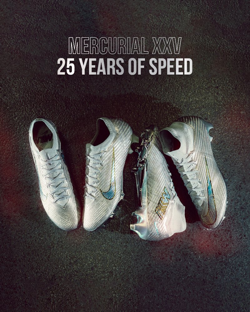 25 year anniversary of Nike Mercurial. In 1998 Nike launched the first Nike Mercurial football boot, the original released to the public being all black but a colourway inspired by Ronaldo ‘R9’. Nike mark the anniversary with a release of "Disruption" and a regular 25 Years pack.