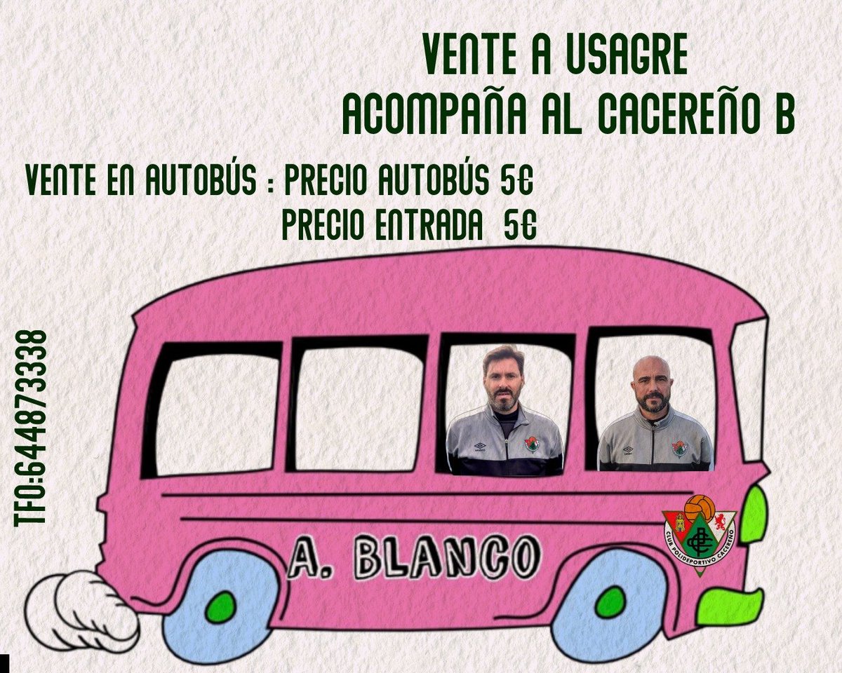 CanteraCPC's tweet photo. Tienes hasta el viernes a las 21 h para apuntarte al autobús que acompañará al Cacereño B a Usagre.
En él van los familiares (padres y etc) y aficionados.

No es un partido cualquiera.
Queremos seguir el año que viene en Primera Extremeña y que tú nos veas.

#VenteaUsagre https://t.co/AUQozoHqDm