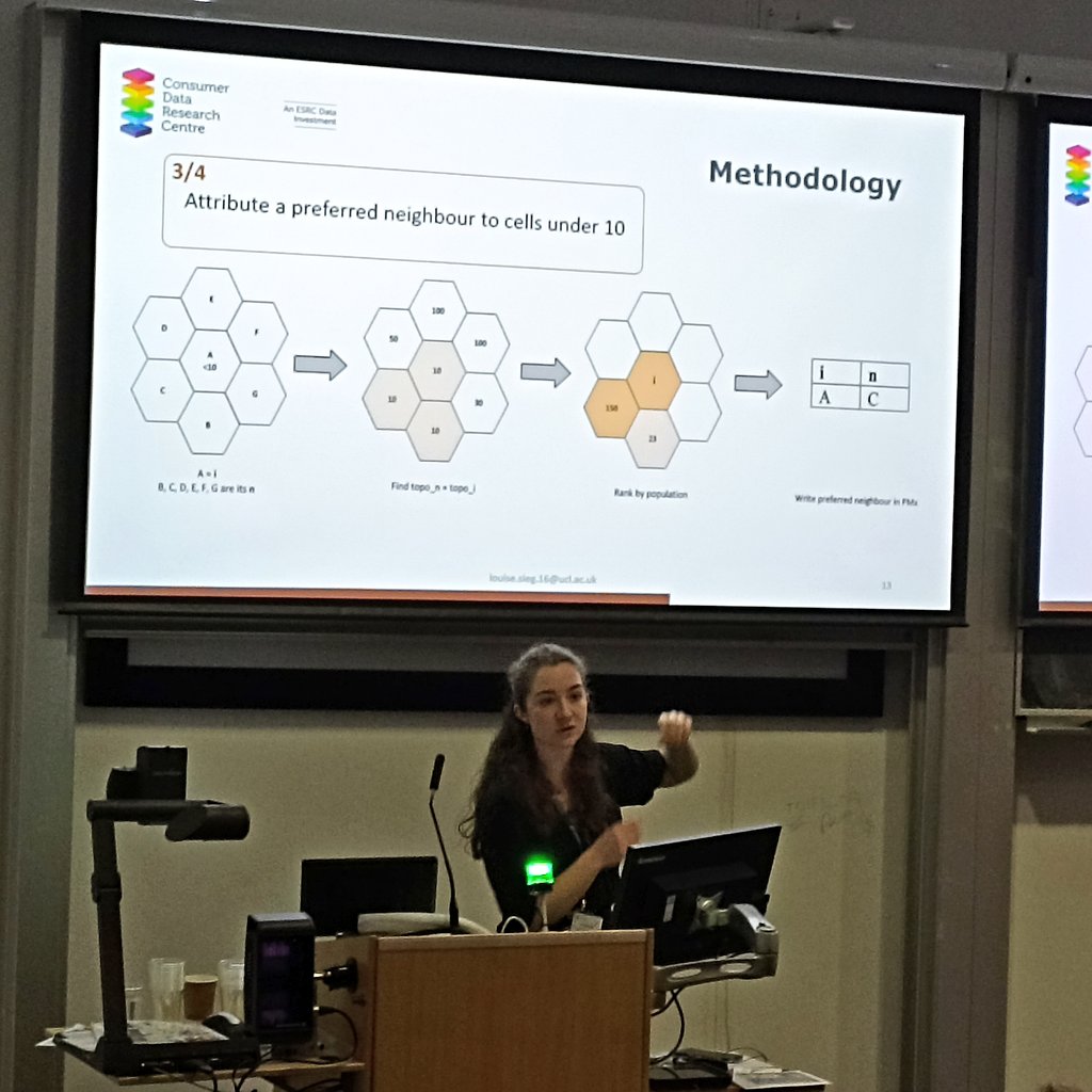 Louise Sieg from @CDRC_UK talks about a novel technique developed to aggregate similar-characteristic & close-by grid hexagons in order to make use of sparse mobility data that would otherwise be lost due to disclosure controls, while preserving spatial resolution. #GISRUK