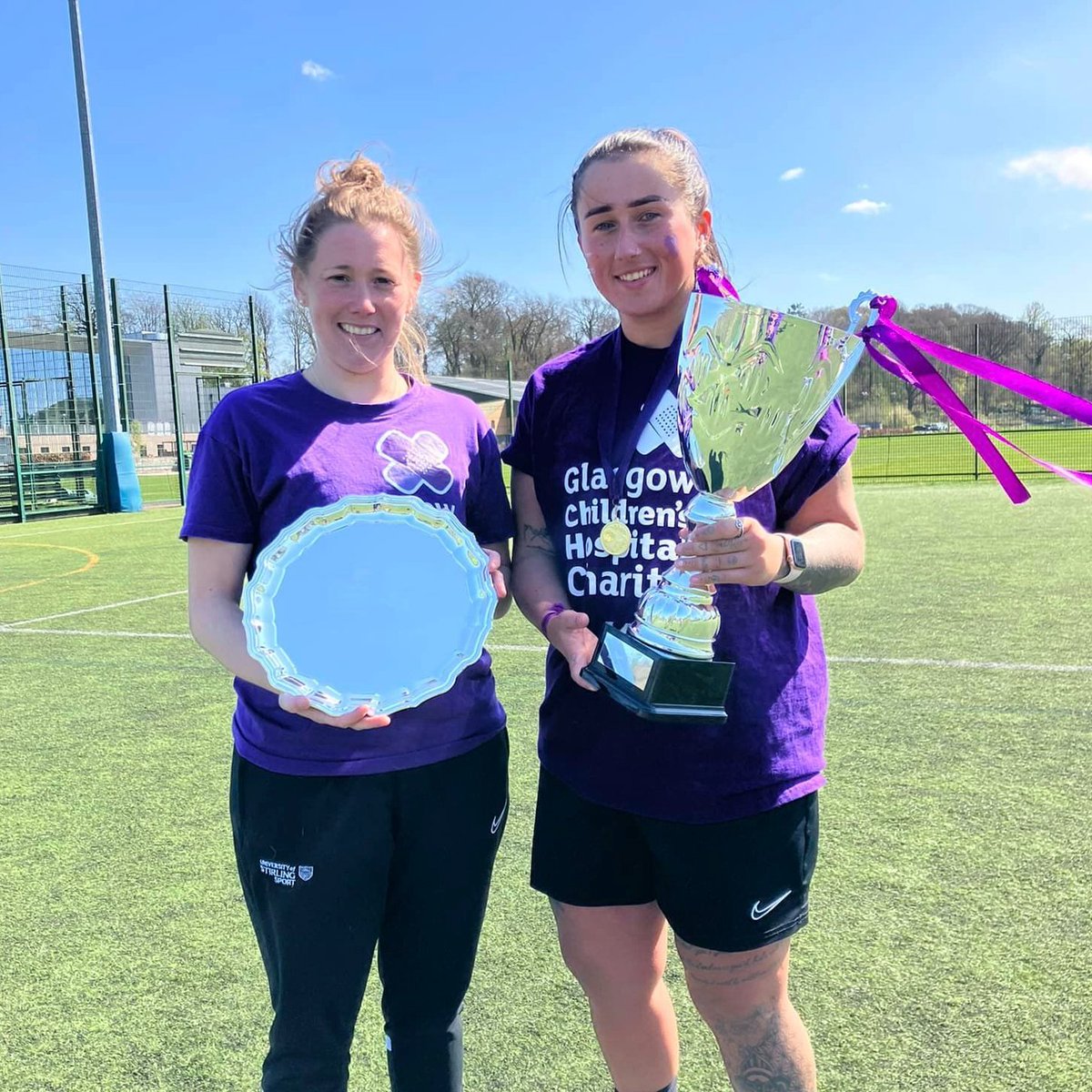 GCH_Charity's tweet photo. Nearly £800 was raised yesterday at 'Siobhan Cattigan's Legacy of Love Football Tournament' 💜Thank you so much to everyone who took part and donated, it was a terrific day. Pictured are Siobhan's partner Ann Taylor (left) and event organiser Lauren Hill. 

@stiruni_wfc @StirUni https://t.co/udZ7UizYJg