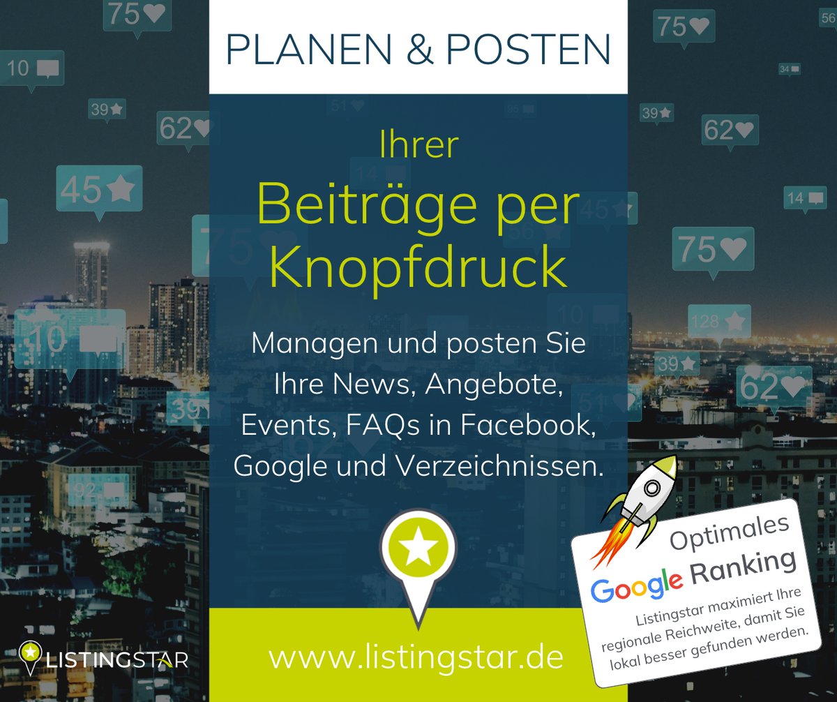 Planen und veröffentlichen Sie Ihre News, Angebote und Events über unser praktisches Beitragsmanagement.
Mehr Infos unter:
eu1.hubs.ly/H03ytsJ0

#localseo #seo #googleranking #suchmaschinenoptimierung #sichtbarkeit #locallistings #socialmediamanagement #listingstar