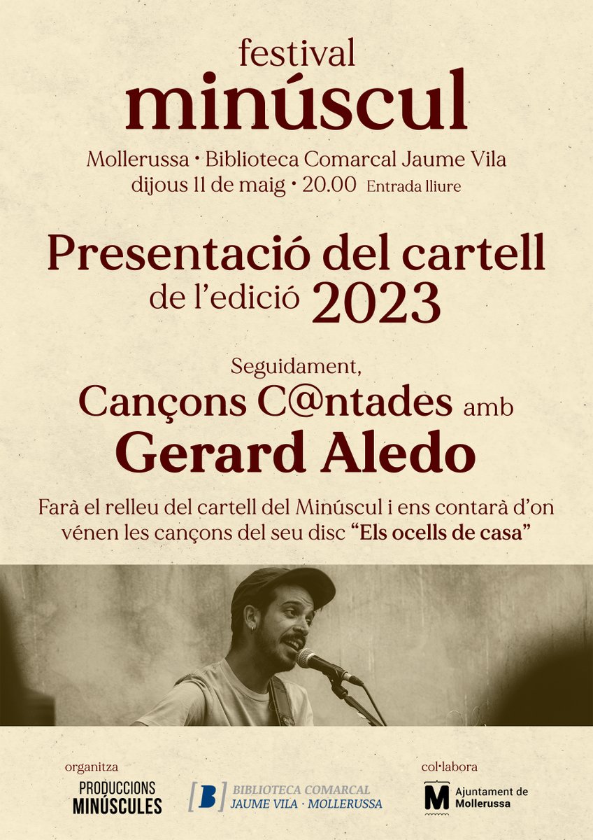 🎼El <a href="/FestMinuscul/">Festival Minúscul</a>  presentarà el seu cartell amb una vetllada musical l’11 de maig 

🎼El cicle de concerts s’alinea amb la <a href="/BibMollerussa/">BibliotecaMollerussa</a>   amb un Cançons C@ntades a càrrec de <a href="/gerardaledo/">Yarar</a> 

👉bit.ly/3oiLRCP