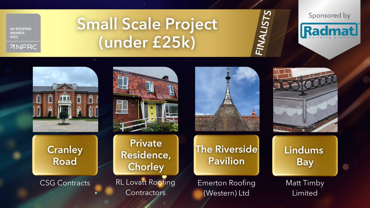Good luck to all those up for an award in the Small Scale Project < £25k category sponsored by <a href="/RadmatOfficial/">Radmat Official</a> in the #RoofingAwards2023
 
⭐<a href="/CSGContracts/">CSG Contract Ltd</a> 
⭐<a href="/rllovattroofing/">R.L.Lovatt Limited</a> 
⭐<a href="/emertonroofing/">Emerton Roofing</a> 
⭐<a href="/TimbyRoofing/">Matt Timby Roofing</a> 
 
#RA2023 #Radmatofficial