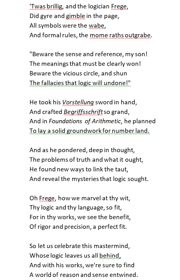 MultipleDraftz's tweet photo. I asked ChatGPT to write a poem about the logician Gottlob Frege in the style of Lewis Carroll and it came up with this gem... https://t.co/QNcUwUUsF7