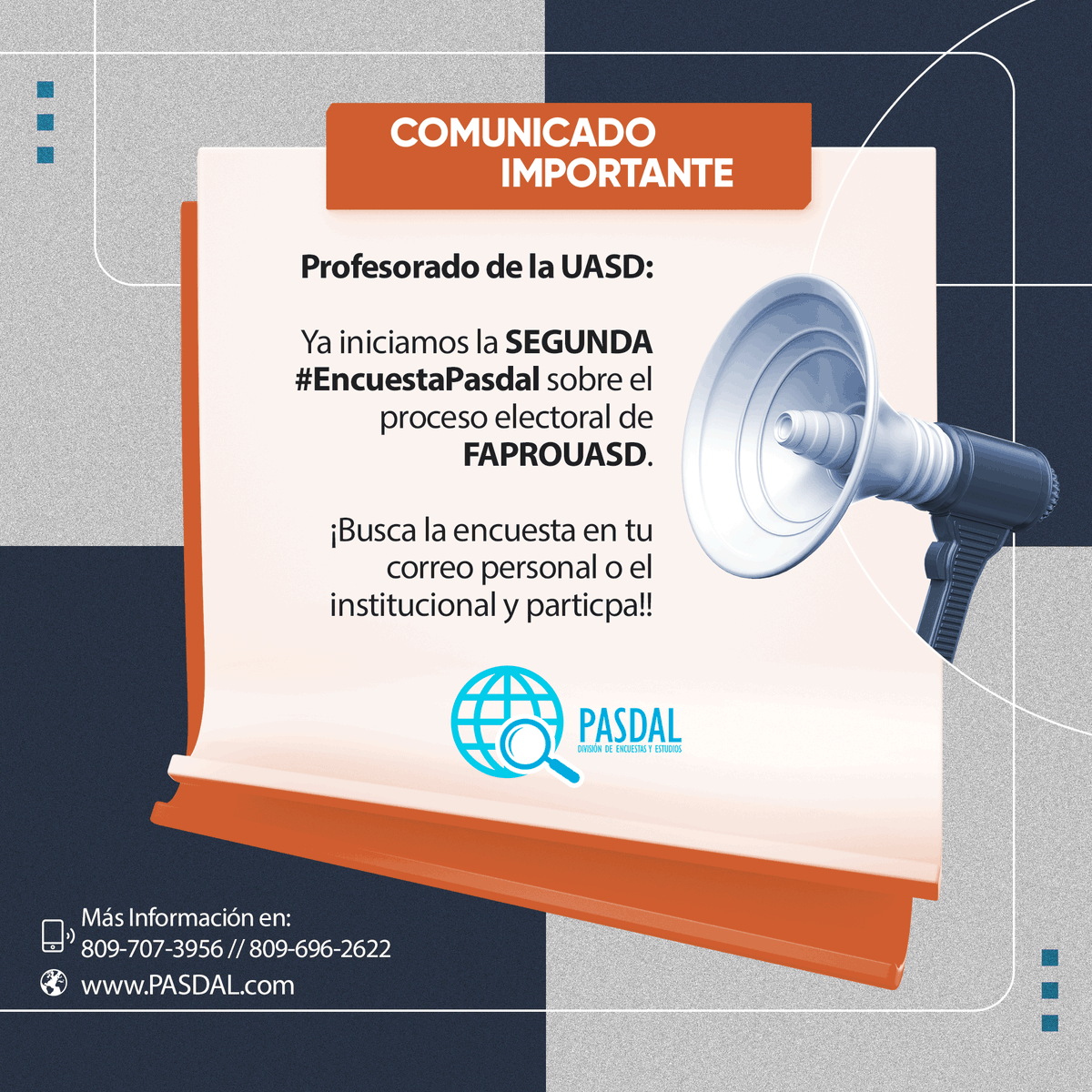 pasdalrd's tweet image. Al profesorado de la UASD le anunciamos que ya iniciamos la 2da. #EncuestaPASDAL-FAPROUASD. Estará abierta hasta el próximo domingo a las 12 del mediodía. Entra a tu correo personal o institucional y en solo dos minutos habrás colaborado con la UASD y con tu gremio. #PASDAL