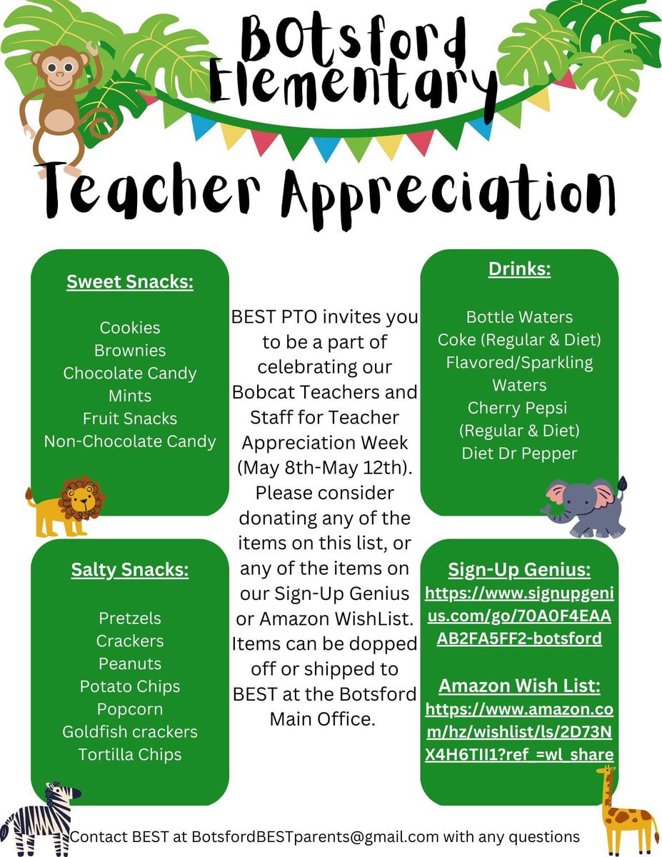 Teacher Appreciation Week is approaching (May 8-12) and we would love support!! 

Sign-Up Genius:
signupgenius.com/go/70a0f4eaaab…

Amazon Wish List:
amazon.com/hz/wishlist/ls…