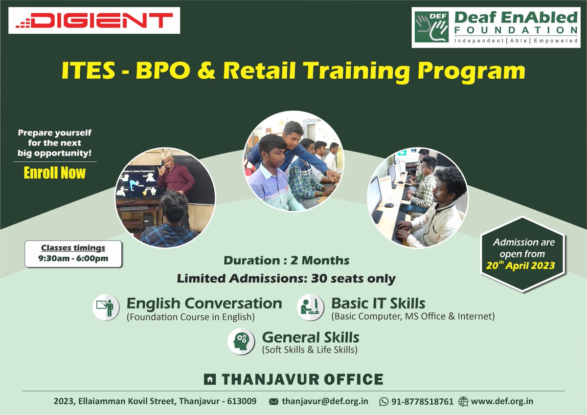 deafenabled's tweet photo. Hurry and grab a seat for the best skilling programme offered in the Indian Sign Language at DEF Skills Centre, Thanjavur. Join today!
#deafenabledfoundation #defskills #skills #learning #join #class #indiansignlanguage https://t.co/dx55CR3vf8