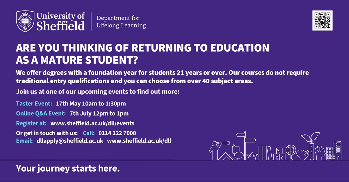 Interested in one of our degrees with a foundation year for mature students? @shefunidll are hosting a taster event for prospective students on May 17th. 

Find out more and register at sheffield.ac.uk/dll/events/tas…
