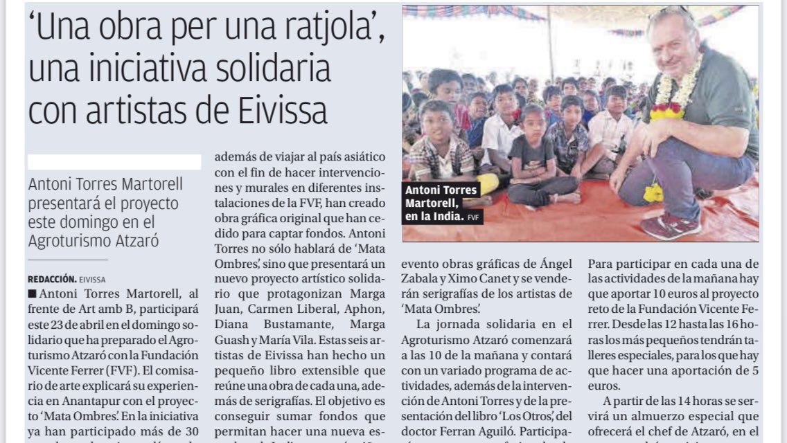 Torresmartorell's tweet photo. Moltes gràcies @Diario_de_ibiza per l’article, aquest diumenge presentam a Atzaró les noves obres per la @fvicenteferrer una producció d @artambb amb la col•laboració de @Balearia. Canviam art x escoles, una obra per una ratjola. https://t.co/znSg2k3xMQ