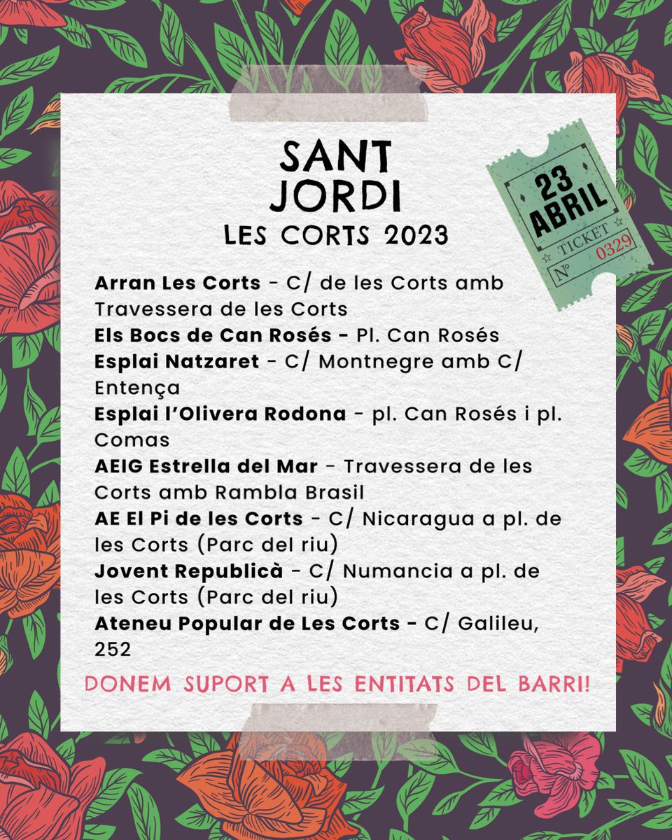 🐉🌹Un any més arriba la diada de Sant Jordi, i amb ella les paradetes de les entitats panarres! 

📍Enguany podrem fer una ruta per visitar mooooltes entitats! Mireu, mireu!👇🏼

💐💅🏼 Recordeu que recolzar el barri, les entitats i les veïnes és de xules 💅🏼💐