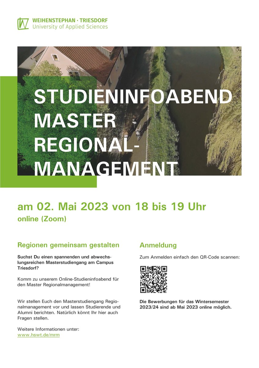 EhemTriesdorfer's tweet photo. Herzliche Einladung zum Online-Studieninfoabend des Studienganges Master Regionalmanagement am 2. 
Mai 2023 von 18 bis 19 Uhr über Zoom. Anmeldung unter https://t.co/MSe2yyOJ1v #hswt #triesdorf #bildungszentrum #mrm #masterregionalmanagement #vet #vereinigung https://t.co/j3sLYF24iJ