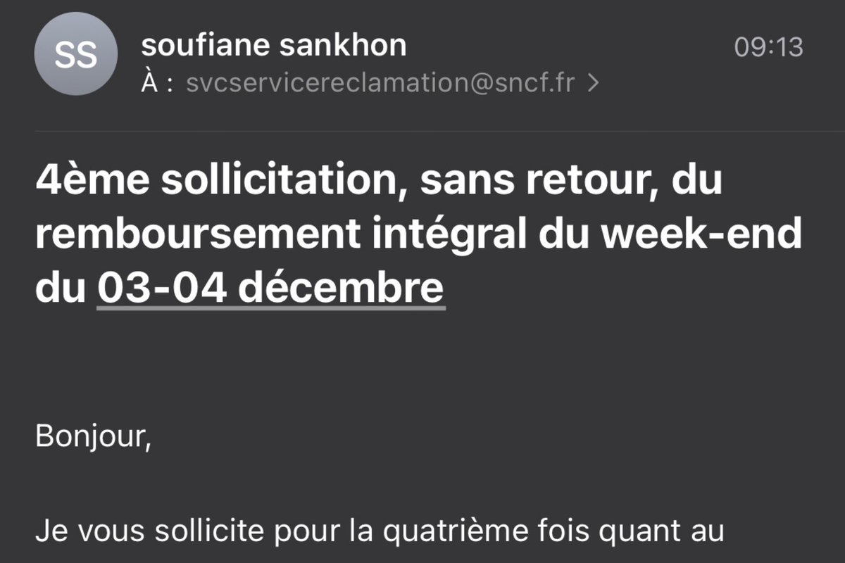4ème e-mail en 4 mois adressé à <a href="/SNCFConnect/">SNCF Connect</a>  pour obtenir le remboursement intégral des billets annulés en décembre 2022 face à la grève des contrôleurs… A cette heure je n’ai perçu qu’un peu plus de 6% des frais engagés… Lourd ! 

<a href="/GroupeSNCF/">Groupe SNCF</a> <a href="/SNCFVoyageurs/">SNCF Voyageurs</a> <a href="/SNCFNumerique/">SNCF Numérique</a>
