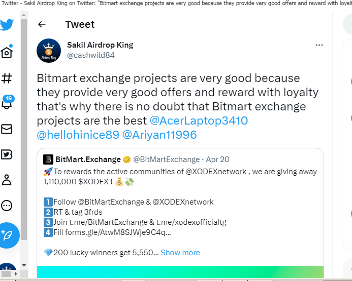 cashwild84's tweet photo. @BitMartExchange @XODEXnetwork Good project ever , I am very happy to be participating in this project. I hope this project will gain more popularity in the future. https://t.co/sycNsQEJZY