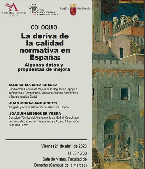 Vicepresidencia Murcia Agosto 2019-Septiembre2023 (@vicepresidenrm) on Twitter photo Este viernes 21 a las 11:30h. se celebra el coloquio 'La deriva de la calidad normativa en España' de la Cátedra de Buen Gobierno <a href="/cbgobierno/">GT Buen Gobierno e Integridad Pública UMU</a> de la <a href="/UMU/">Universidad Murcia</a>
La cita será inaugurada por la vicepresidenta <a href="/ifranco/">Isabel Franco ❤️🇪🇸</a> y tendrá lugar en el Salón de Vistas de la <a href="/fderechomur/">Facultad de Derecho Universidad de Murcia</a> de La Merced ⬇️ Este viernes 21 a las 11:30h. se celebra el coloquio 'La deriva de la calidad normativa en España' de la Cátedra de Buen Gobierno <a href="/cbgobierno/">GT Buen Gobierno e Integridad Pública UMU</a> de la <a href="/UMU/">Universidad Murcia</a>
La cita será inaugurada por la vicepresidenta <a href="/ifranco/">Isabel Franco ❤️🇪🇸</a> y tendrá lugar en el Salón de Vistas de la <a href="/fderechomur/">Facultad de Derecho Universidad de Murcia</a> de La Merced ⬇️