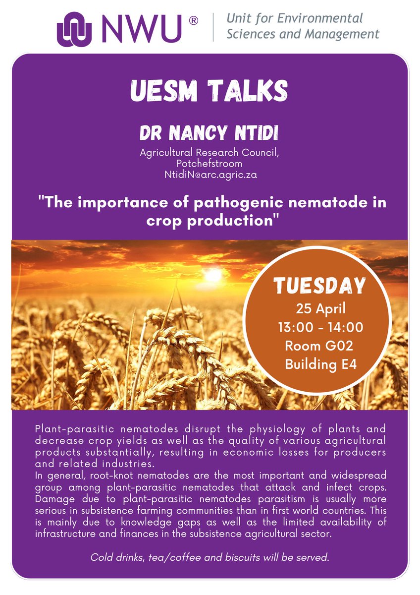 NWU_UESM's tweet photo. Interested in agriculture? Nematodes? Plant physiology? Farming? This is the talk for you!
Contact Prof Frank Neumann at Frank.Neumann@nwu.ac.za to present your research.
#environmentalscience #agriculture #agricultureandfarming #SubsistenceFarming #nematodes #plantphysiology https://t.co/oQT1iGy8Ej