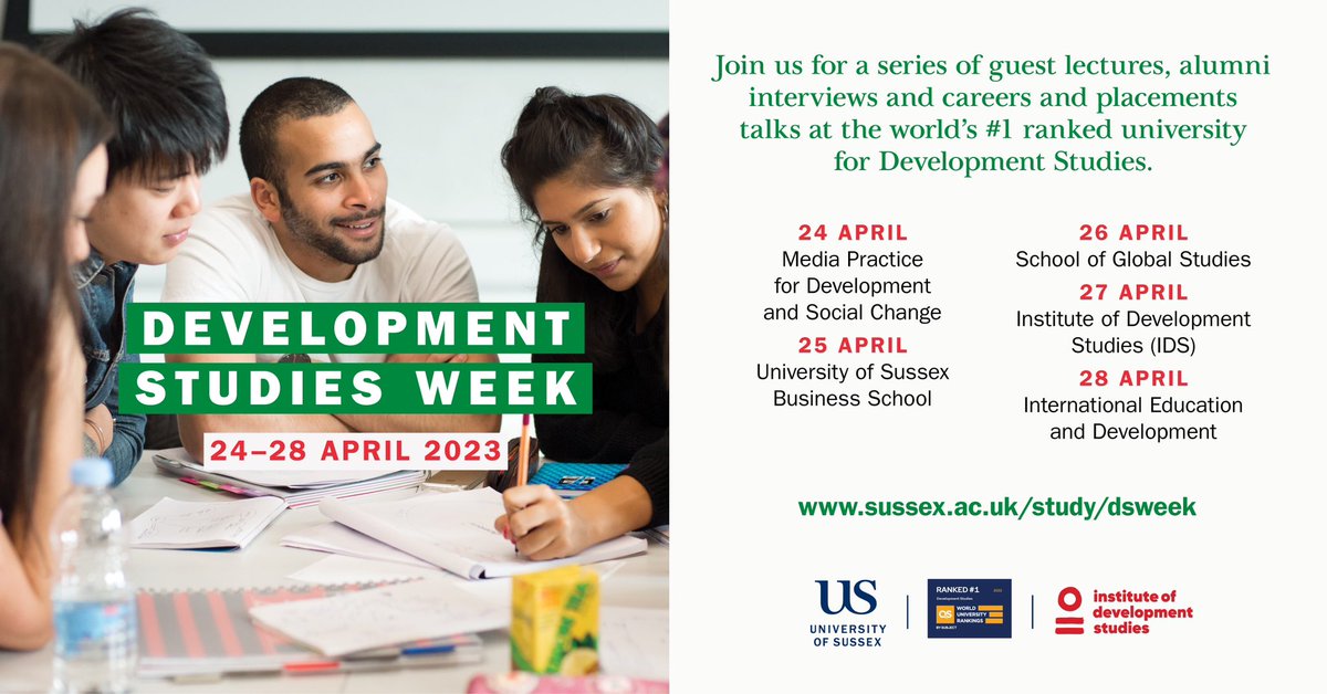 SussexUniWA's tweet photo. Join us for the Development Studies Week 2023!

Come &amp; learn more about @SussexUni &amp; @IDS_UK. The No. 1 Uni in the world for Development Studies (7 years in a row)

To read more &amp; register, visit https://t.co/EGJfbY8sNQ

#dsw #sussexdevweek #sussexuni #uk #studyinuk #scholarship https://t.co/ozFYbT9nwO