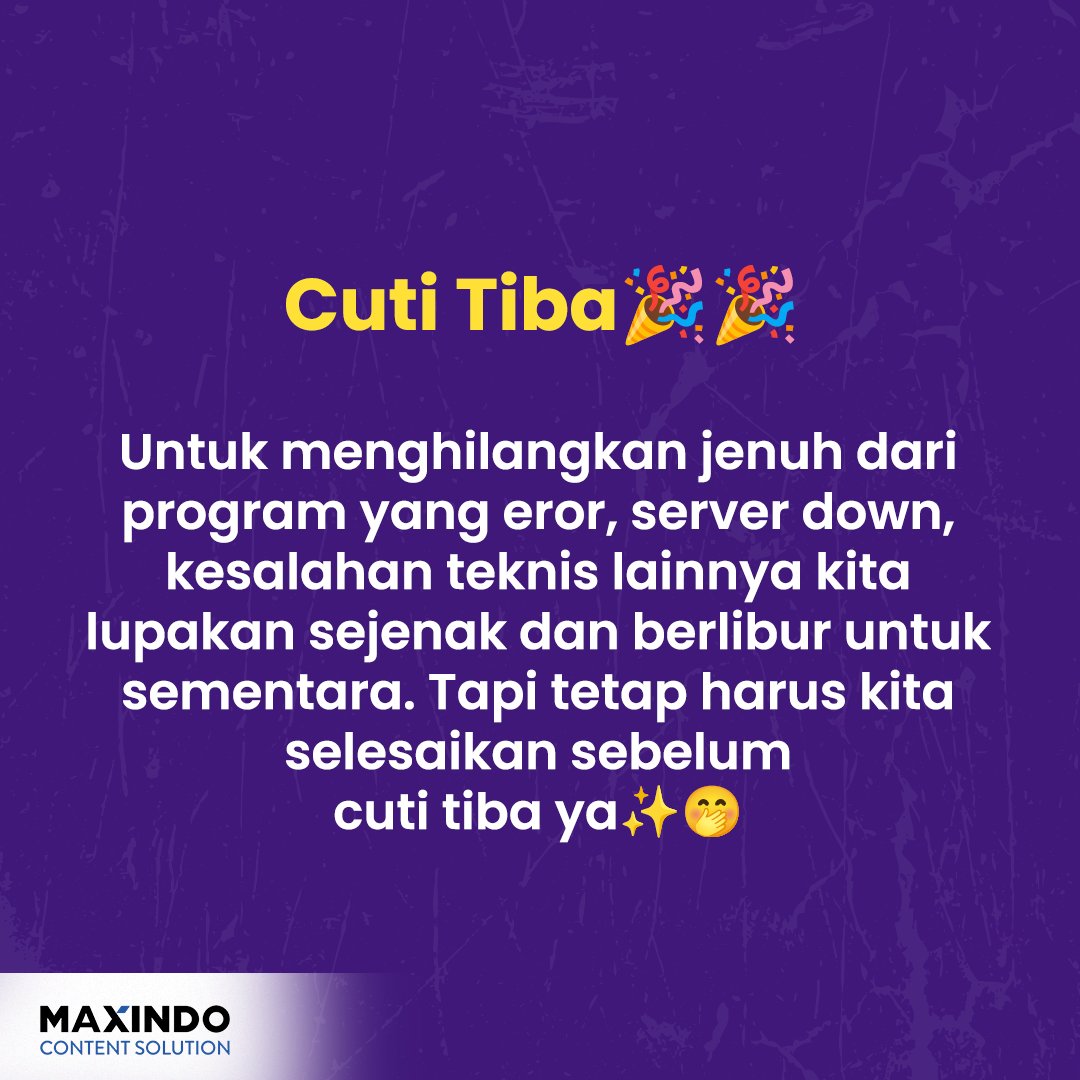 maxindosolution's tweet photo. Cuti Tiba Bahagia Sekali Hati Ini ๐ค๐ค๐ udah persiapin apa aja nih sebelum cuti tiba? dan sistem cloud yang eror sudah diperbaiki belum?
#konsultasionline #content #emailmanagement #webhosting #sqlserver #emailtips
#mysql #linuxuser #usahaonline #serversolution #manageservice https://t.co/FkhPsRfXct
