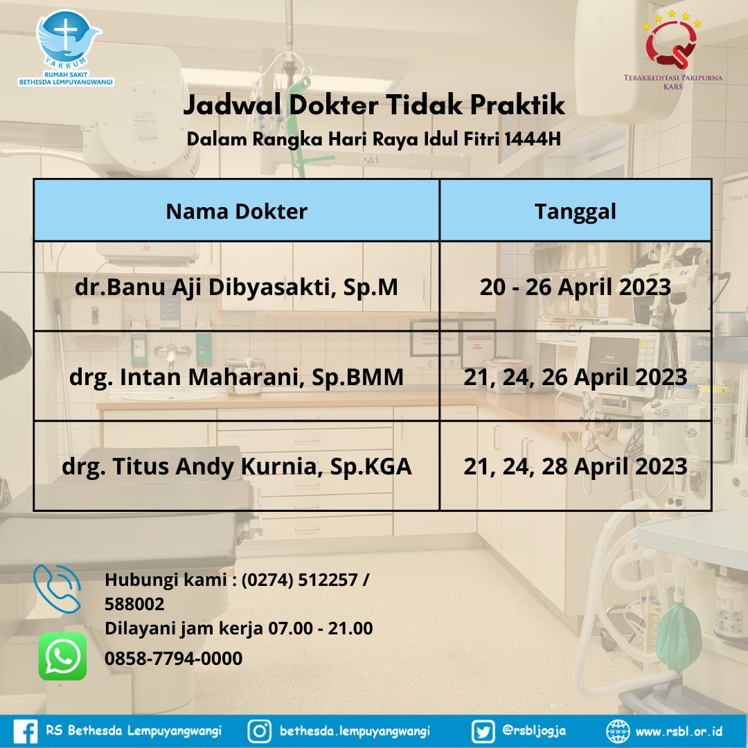 rsbljogja's tweet photo. Informasi jadwal dokter tidak praktik selama libur idul fitri
*Informasi dapat berubah ubah untuk jadwal terupdate dapat menghubungi pendaftaran online kami 
#jadwalpraktikdokter 
#informasi https://t.co/Lb01P7eQwx