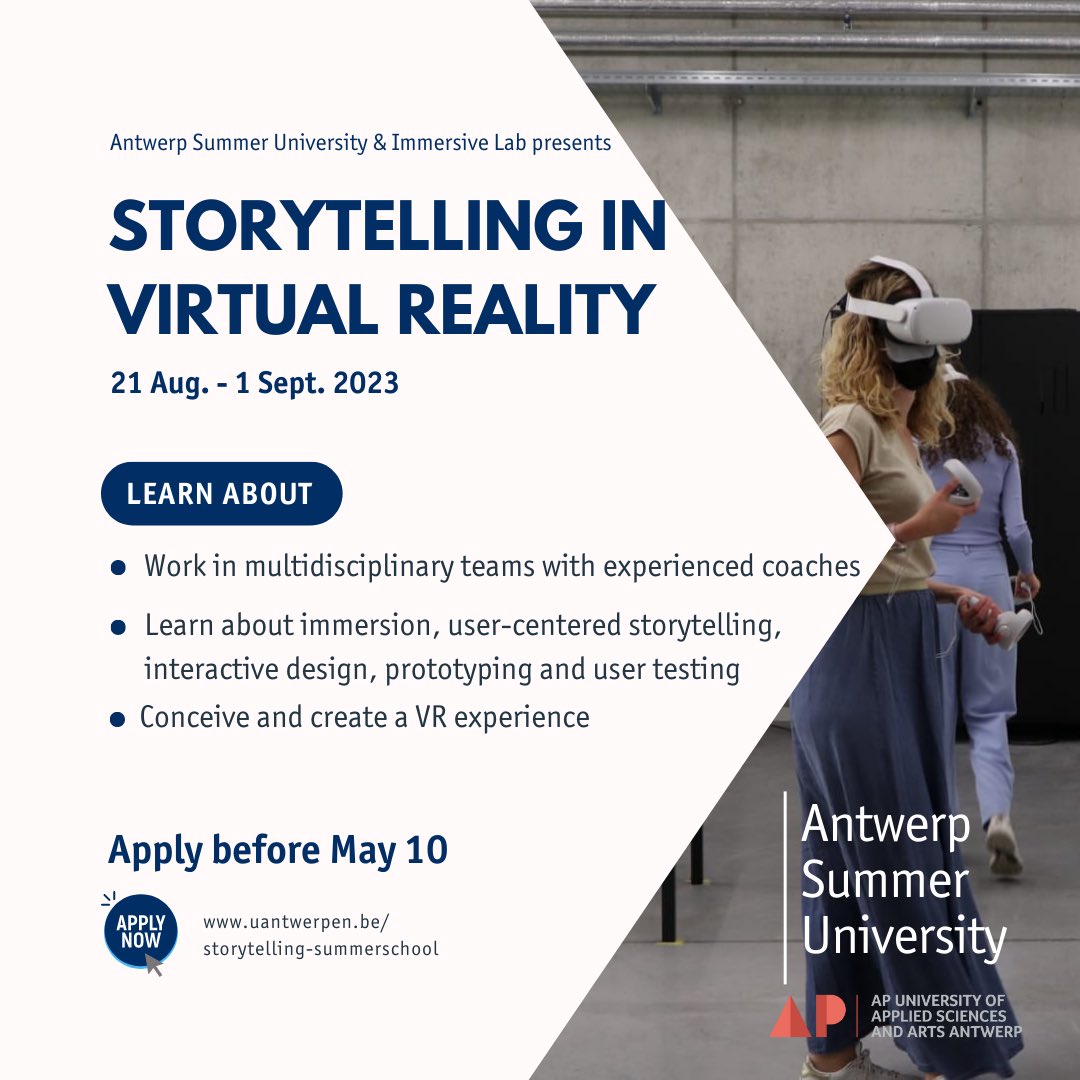 Can you tell a story in virtual reality? 💬
Discover the summer school on 'Storytelling in Virtual Reality' in collaboration with AP Hogeschool Antwerpen
Apply before May 10 via  uantwerpen.be/storytelling-s… 
#virtualreality #antwerpsummeruniversity #summerschool #study_aswu
