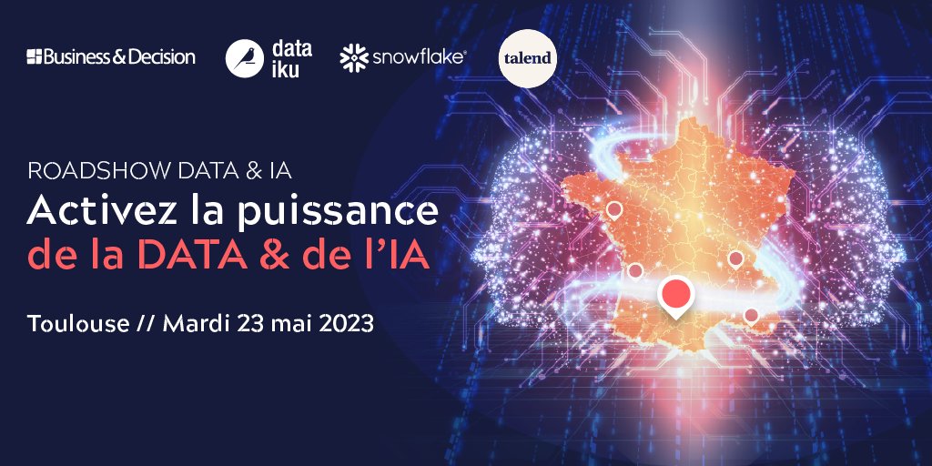 BD_Group's tweet photo. 💡 Activez la puissance des données et de l'IA pour votre organisation
📆 Mardi 23 mai à #Toulouse

✅ Keynote #Data / #IA / #Green : le triptyque de la création de valeur en 2023
✅ Démo des solutions de @dataiku, @SnowflakeDB et @TalendFR

S'inscrire 👉 https://t.co/UwKxJQA7Ba https://t.co/MYq7AkkgON