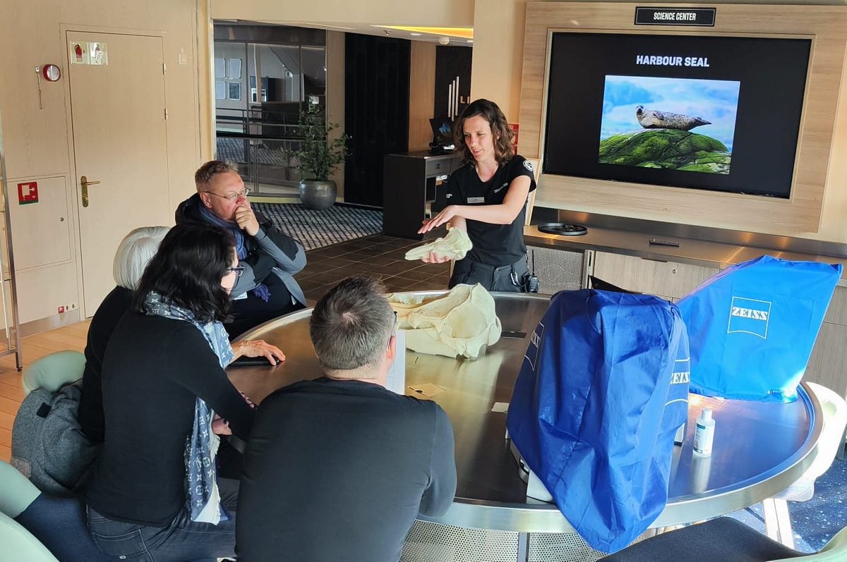 ORCA_web's tweet photo. Ocean Conservationist Marjolein taught guests on @HurtigrutenEXP #MSOttoSverdrup about whale diets! She explained the difference between baleen & toothed whales & demonstrated how whale skulls differ from land mammals. Realistic bone clones were perfect tools to show the guests! https://t.co/z4yP8rOU4p