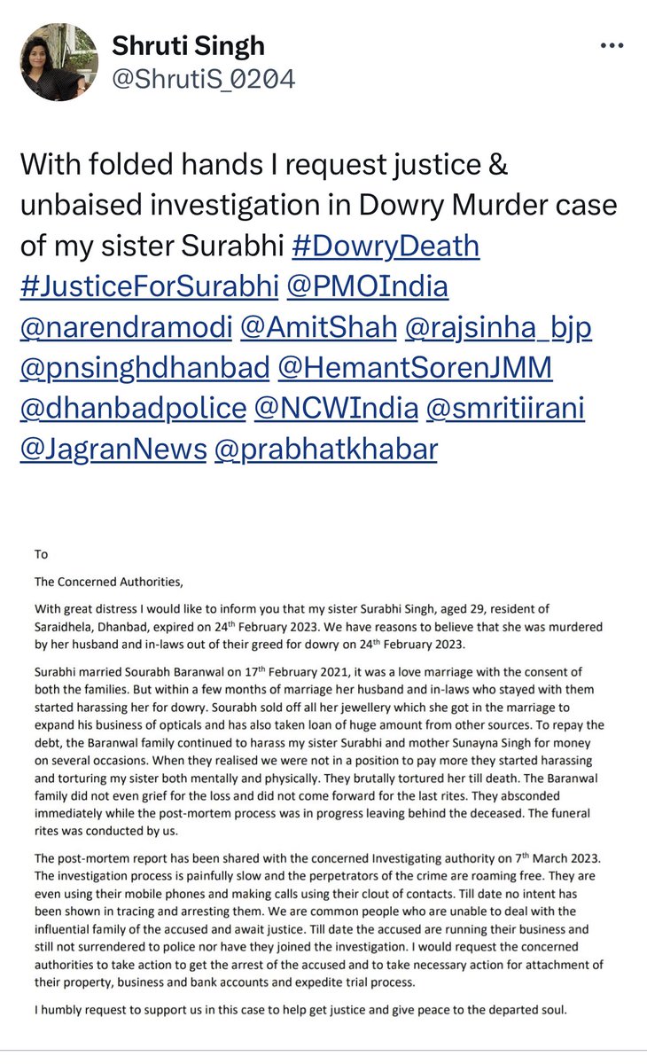 Aj_Moh's tweet photo. With thousands of dowry killings each day devastating families &amp; @PMOIndia Modi Ji calling for #BetiBachao it is now time for National Mission on #BahuBachao to be taken up by PM in #MannKiBaat so sisters like @ShrutiS_0204 do not remain helpless in a callous system. Pls share https://t.co/4T5OXlI9gt