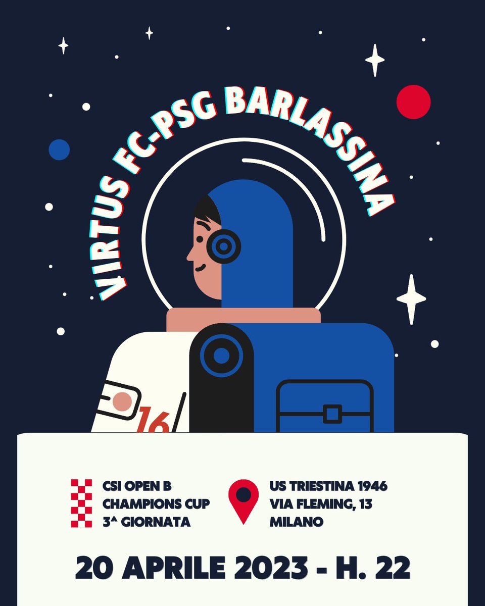 ⚽ 𝐕𝐢𝐫𝐭𝐮𝐬 𝐅𝐂-𝐏𝐒𝐆 𝐁𝐚𝐫𝐥𝐚𝐬𝐬𝐢𝐧𝐚
3^ giornata Champions Cup Open B - Gir. B @csimilano

🗓 giovedì 20 aprile
🕒 ore 22
🏟 U.S. Triestina
📍 via Fleming 13 - Milano

#virtusfc #homeawayfromhome #csimilano #playoffs #calcioamatoriale
