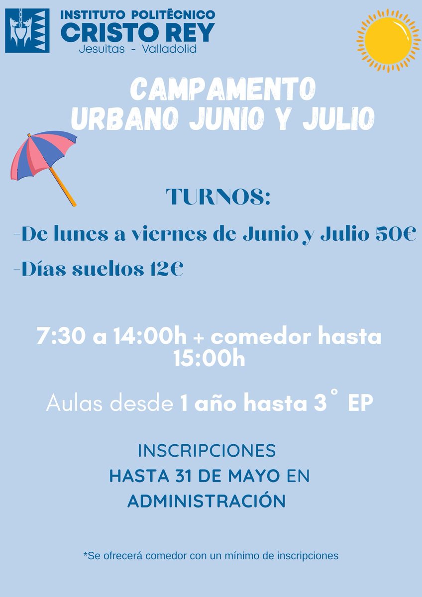 cristoreyva's tweet photo. Os informamos de nuestro campamento urbano desde 1 año hasta 3° de EP. ¡Esperamos veros en el cole! Inscripciones en administración. @sjcastillayleon #colegioconcertado https://t.co/H5pnwlIxj9
